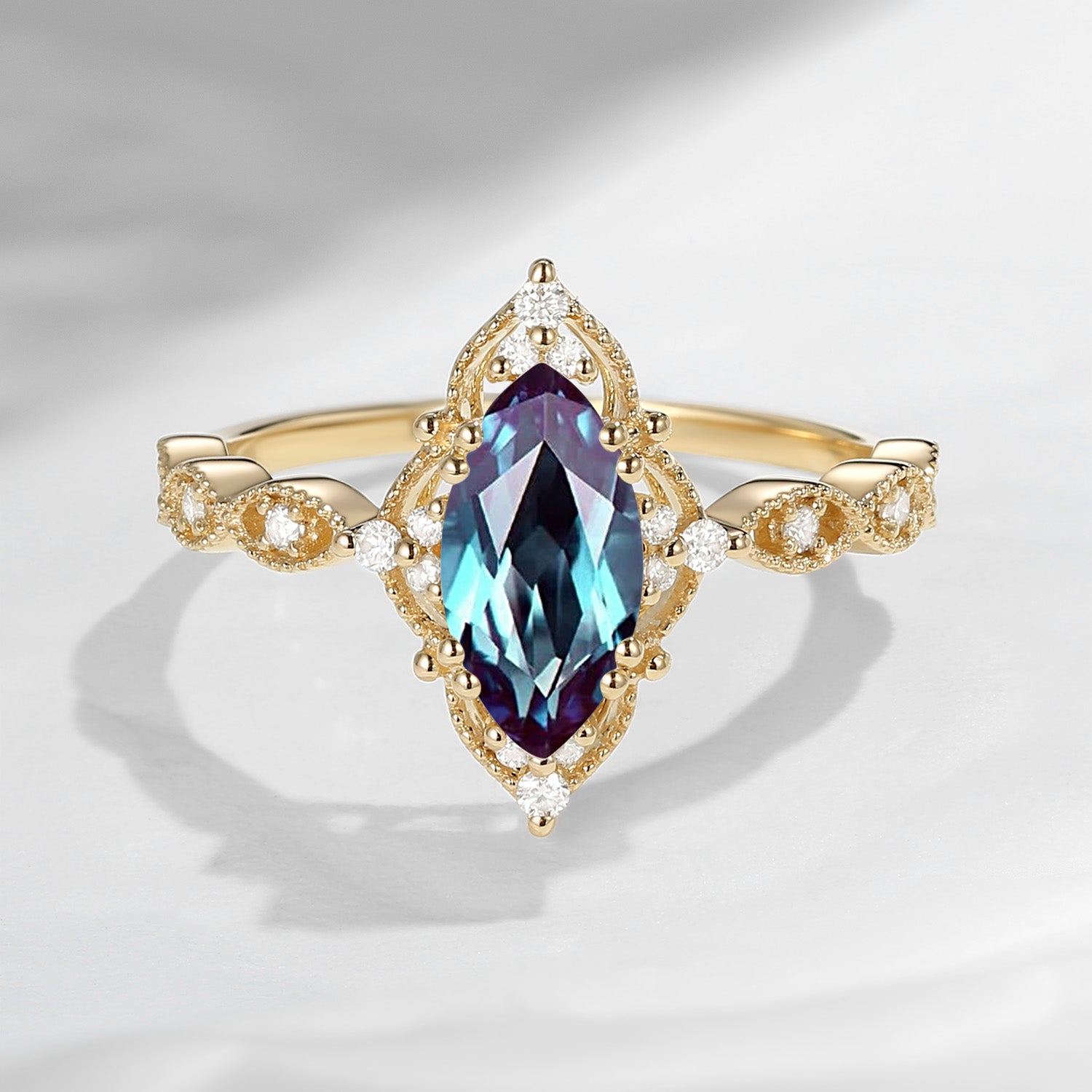 Unique Marquise Cut Lab Alexandrite Vintage Inspired Engagement Ring