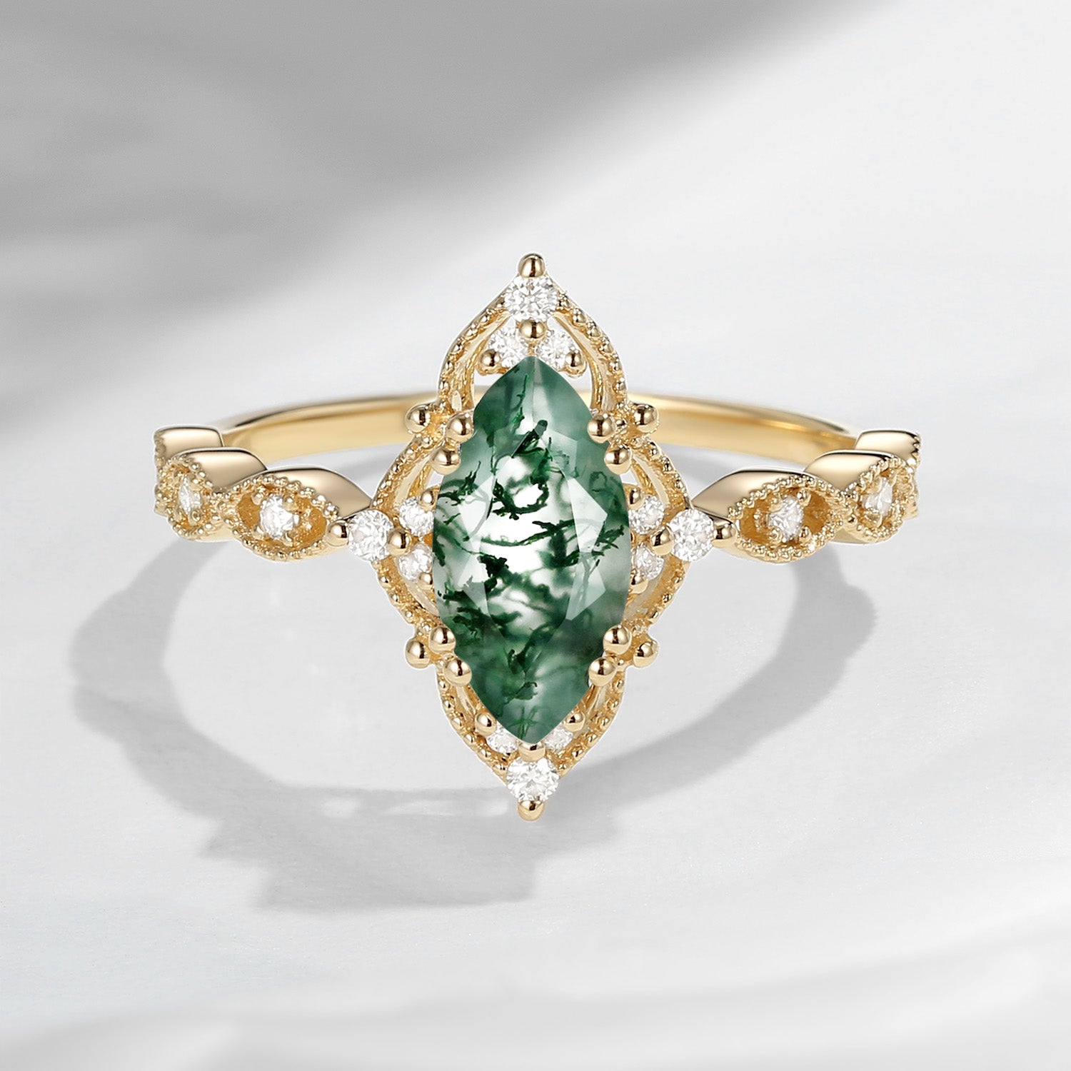 18K Unique Marquise Moss Agate Vintage Inspired Engagement Ring