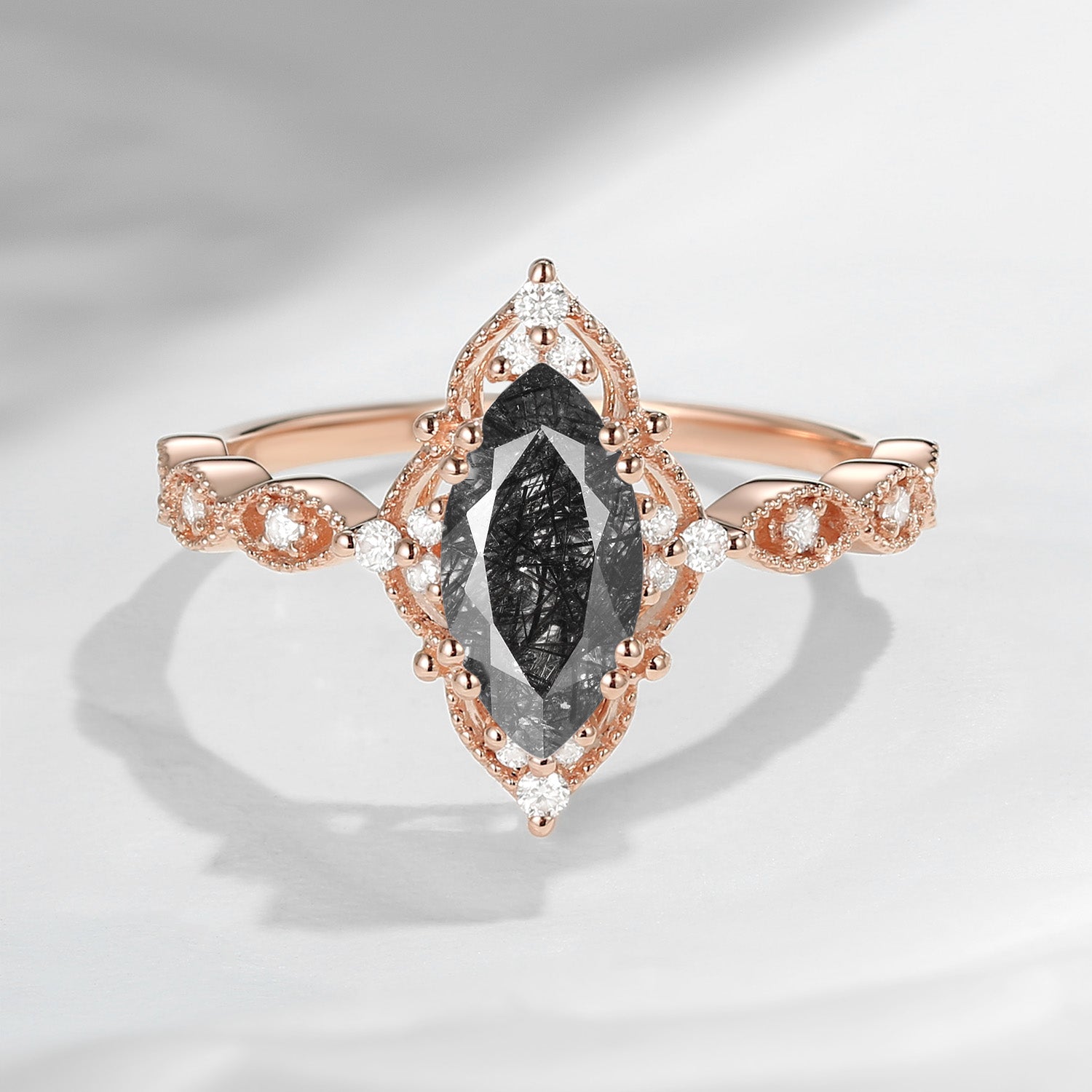 18K Unique Marquise Black Rutilated Quartz Vintage Inspired Engagement Ring