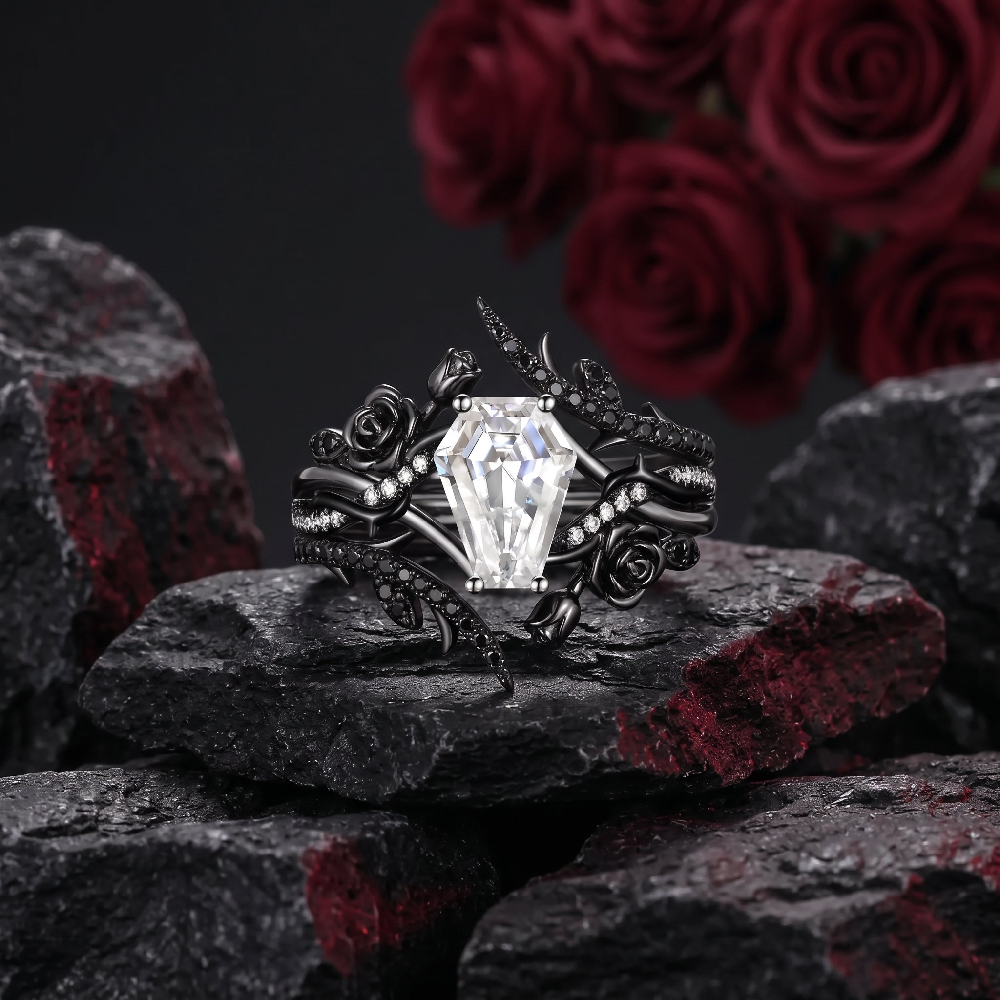 Gothic Nature Inspired Coffin Moissanite Rosebuds Leafy Two-Tone Cage Ring Set 2pcs - 'Thorns & Roses'