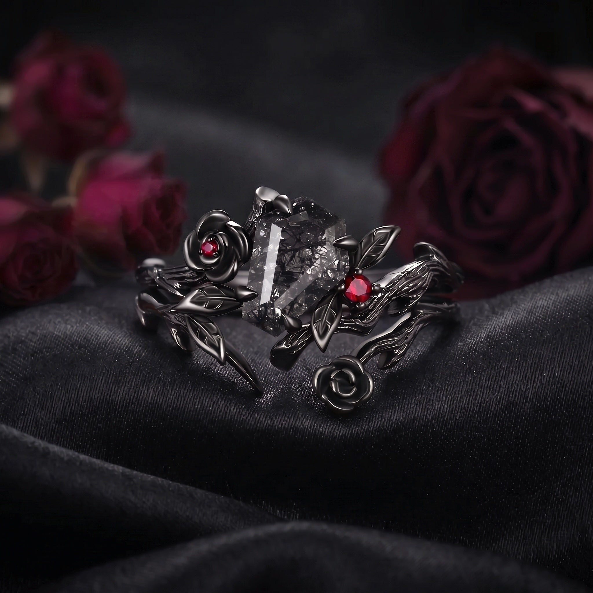 Gothic Style Coffin Cut Black Rutilated Quartz Nature Inspired 'Thorns & Roses' Engagement Ring Bridal Sets 2pcs