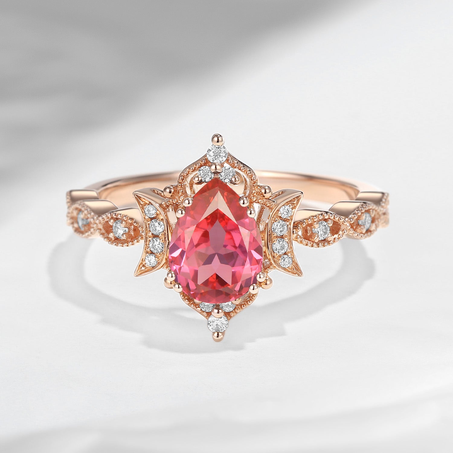 Crescent Moon | Unique Pear Shaped Lab Padparadscha Engagement Ring