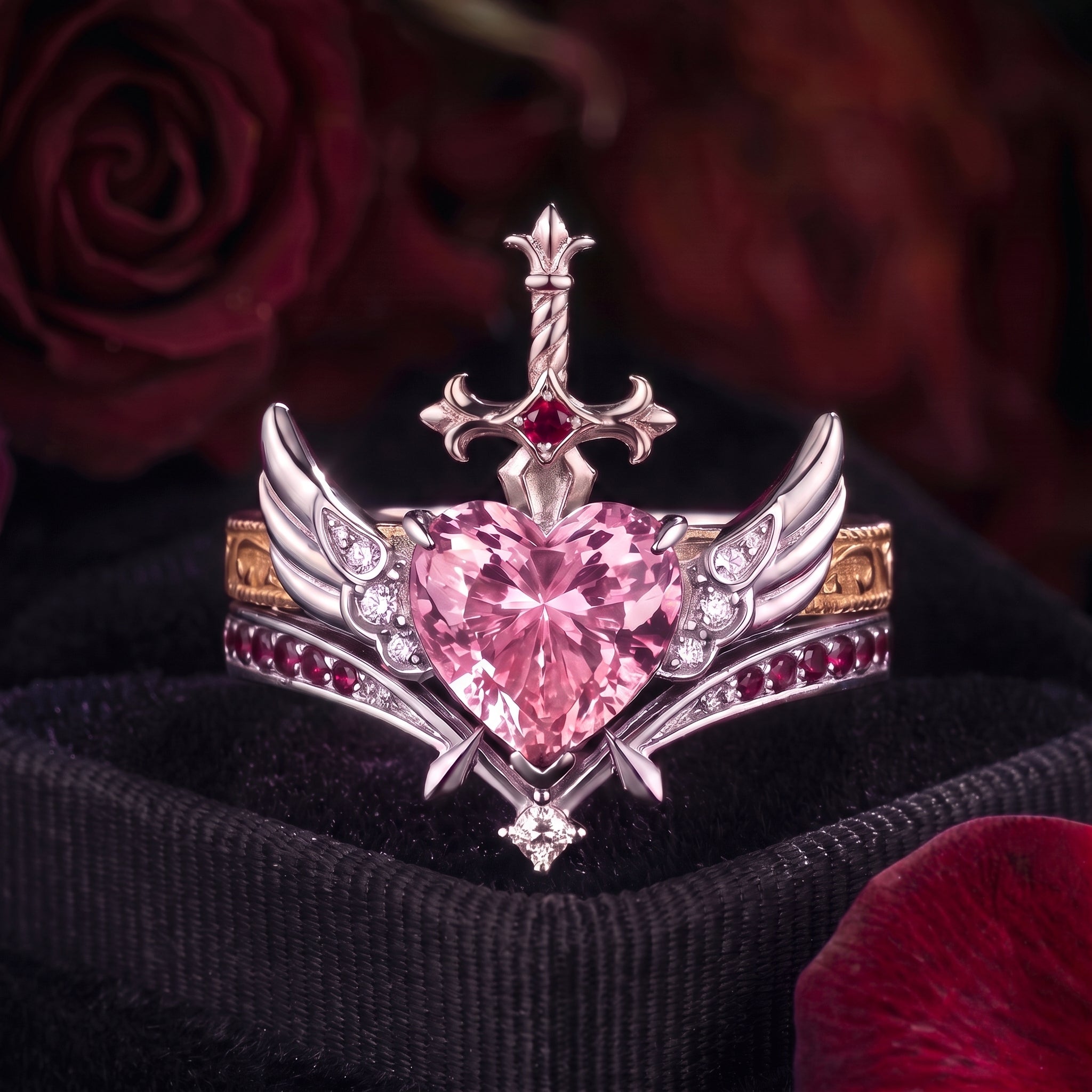 Heart & Sword - Gothic Heart Cut Lab Pink Sapphire Two-Tone Bridal Set with Angel Wing-inspired Band