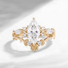 Thorns & Roses - Nature Inspired Marquise Cut Moissanite Twisted Engagement Ring Set with Hidden Rose Engraving