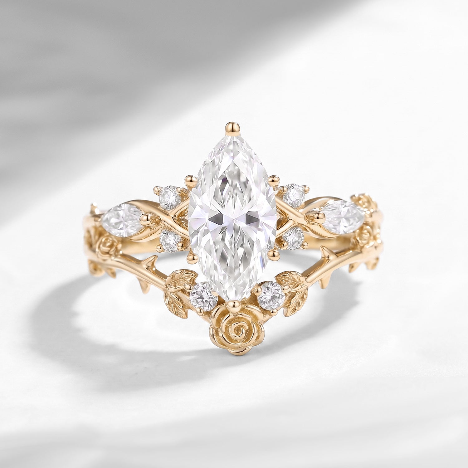 Thorns & Roses - Nature Inspired Marquise Cut Moissanite Twisted Engagement Ring Set with Hidden Rose Engraving