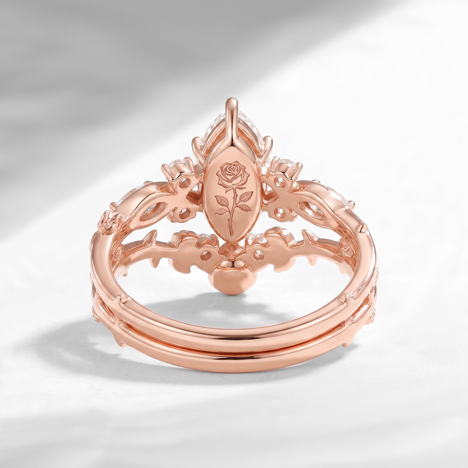 Thorns & Roses - Nature Inspired Marquise Cut Moissanite Twisted Engagement Ring Set with Hidden Rose Engraving