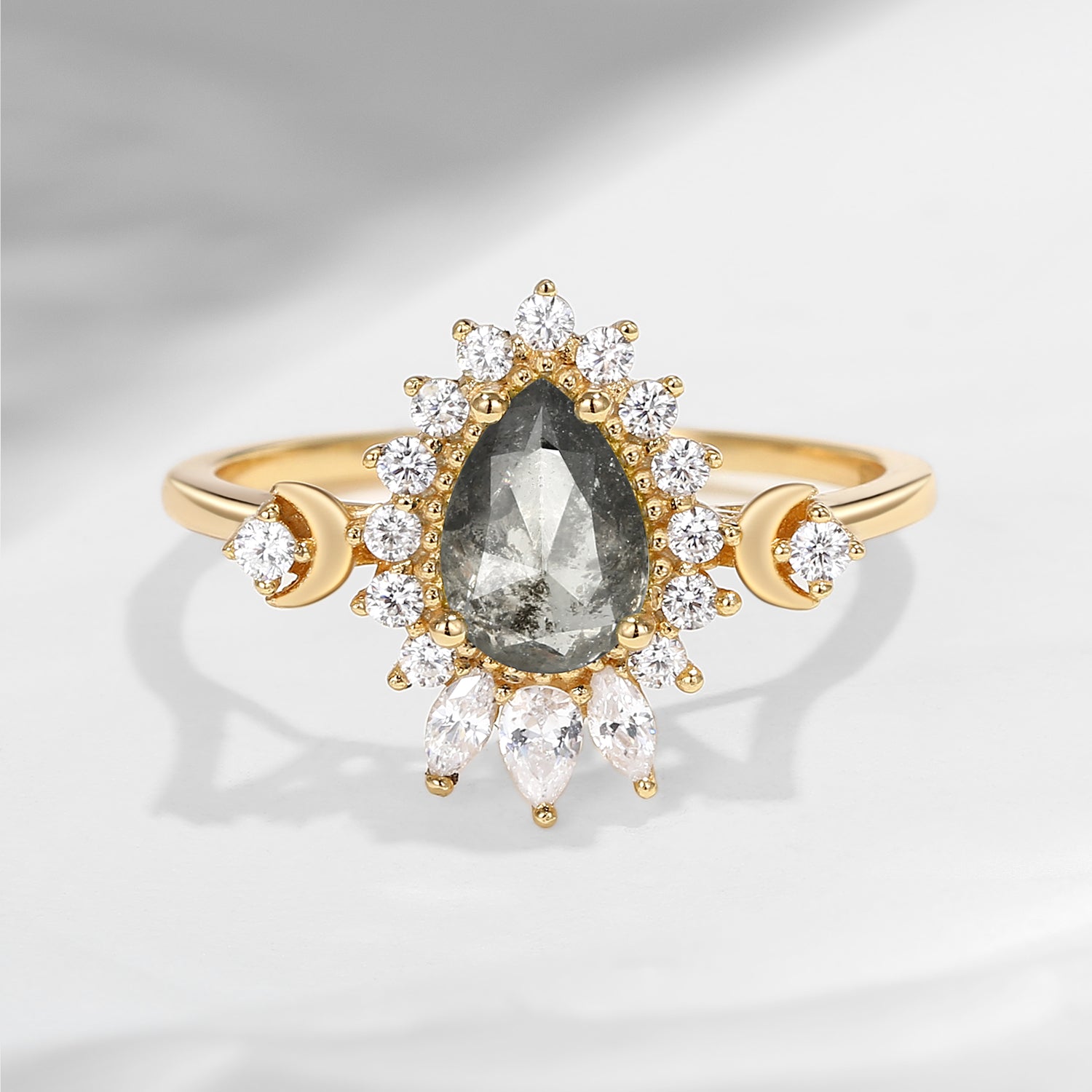 Crescent Moon | Pear Cut Salt And Pepper Diamond Cluster Halo Ring