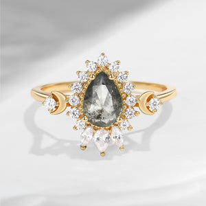 Crescent Moon | Pear Cut Salt And Pepper Diamond Cluster Halo Ring