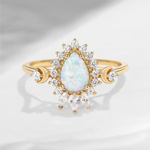 Crescent Moon | Lab Opal Engagement Halo Ring Mystic Moon