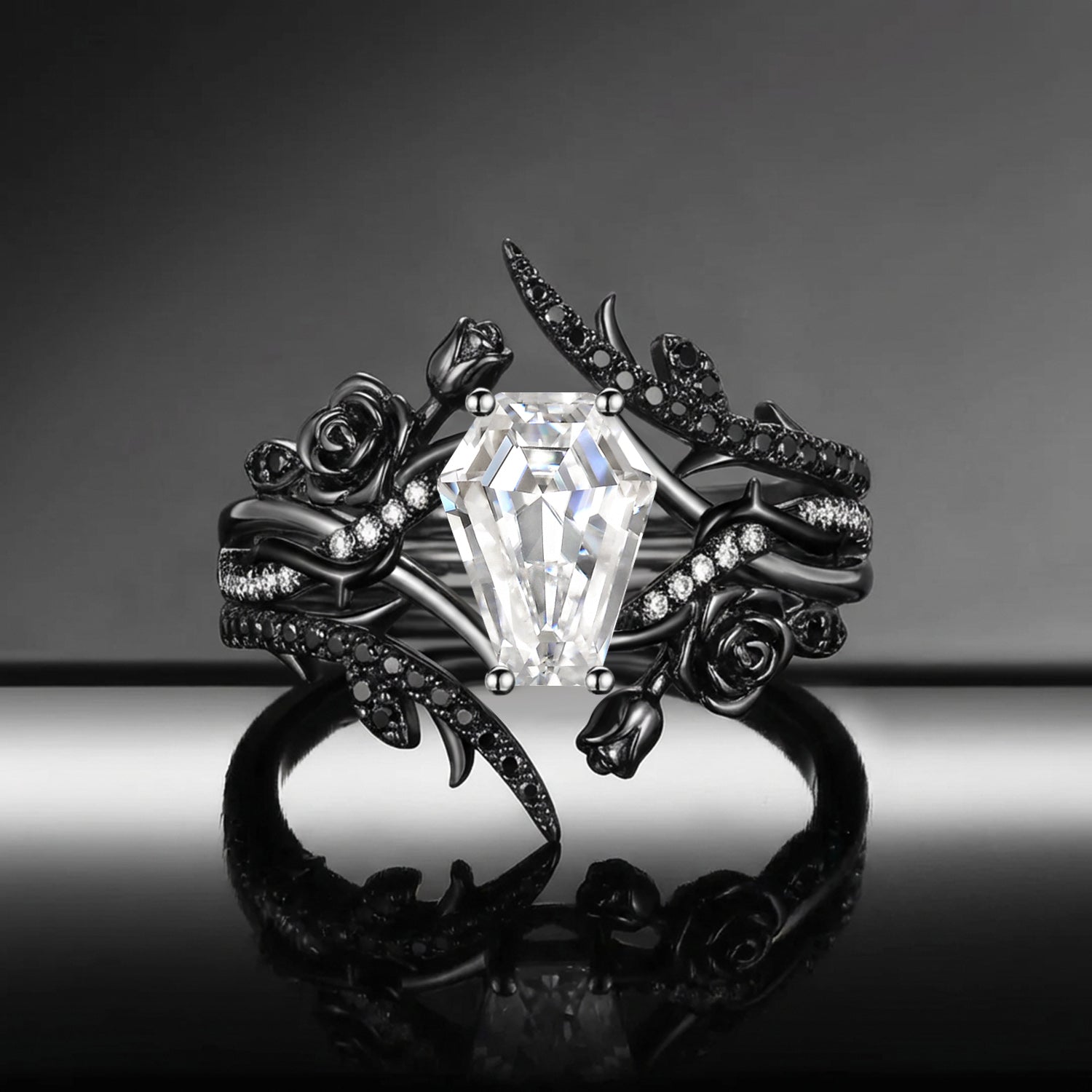 Gothic Nature Inspired Coffin Moissanite Rosebuds Leafy Two-Tone Cage Ring Set 2pcs - 'Thorns & Roses'