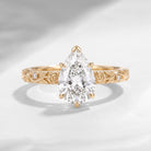 'Rose Éternelle' - Nature Inspired Pear Cut Moissanite Thorns & Roses Flower Engagement Ring with Rose Carving Band