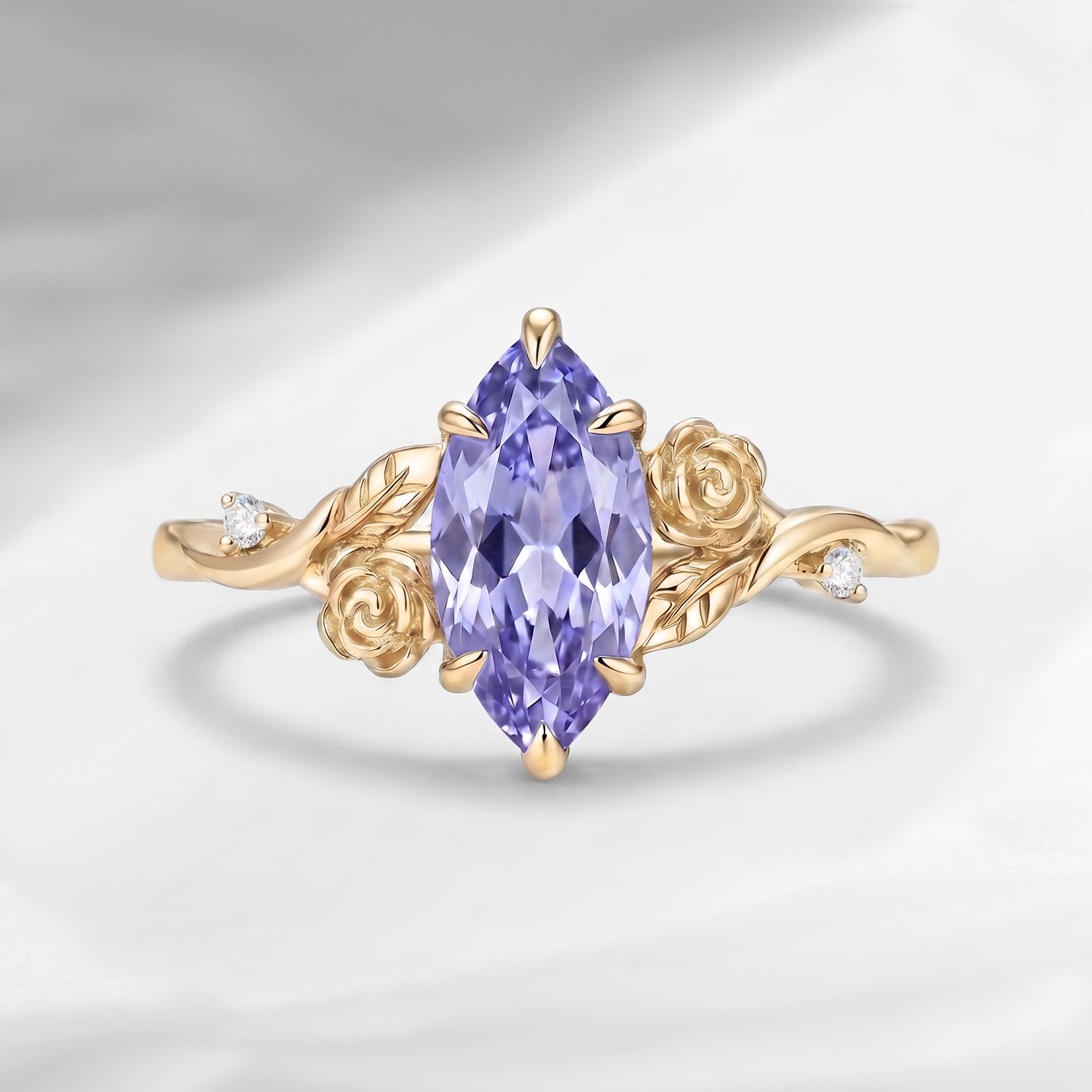 Thorns & Roses - Nature Inspired Marquise Lab Lavender Sapphire Flower Engagement Ring with Rose-inspired Band