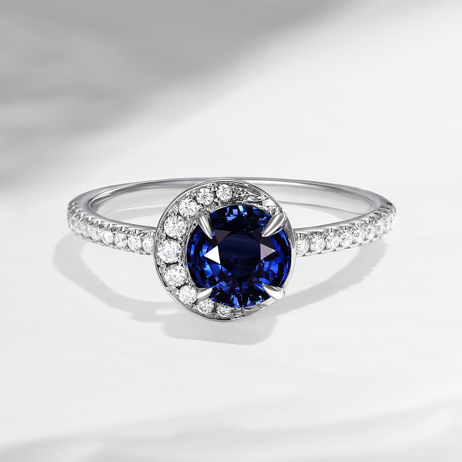 Crescent Moon | Unique Round Cut Natural Sapphire ‘Full Moon’ Engagement Ring