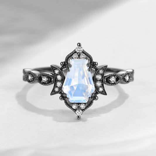 Crescent Moon | Coffin Cut Natural Moonstone 'Black Statement' Ring