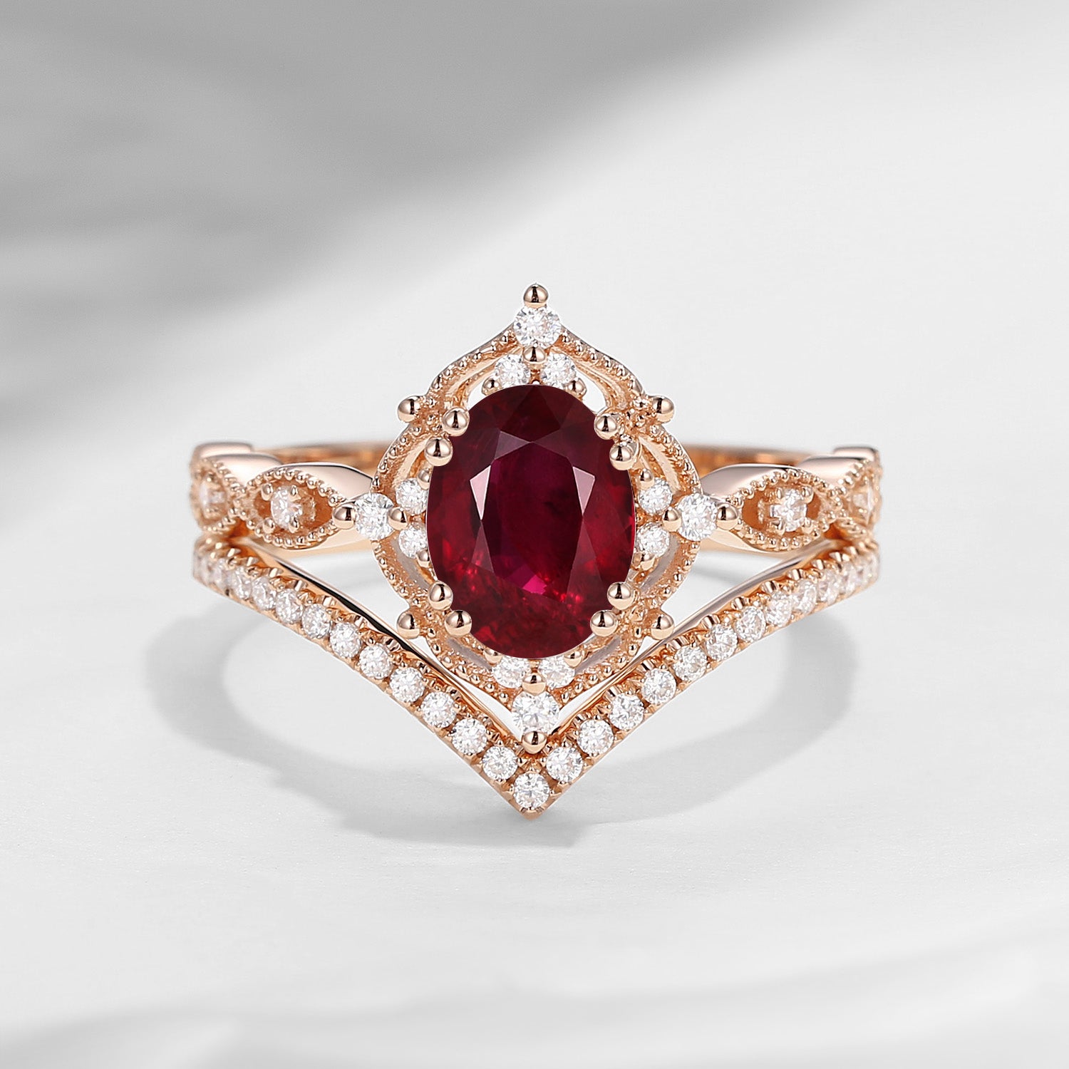 Classic Style Vintage Inspired Oval Cut Natural Ruby Engagement Ring Bridal Set 2pcs