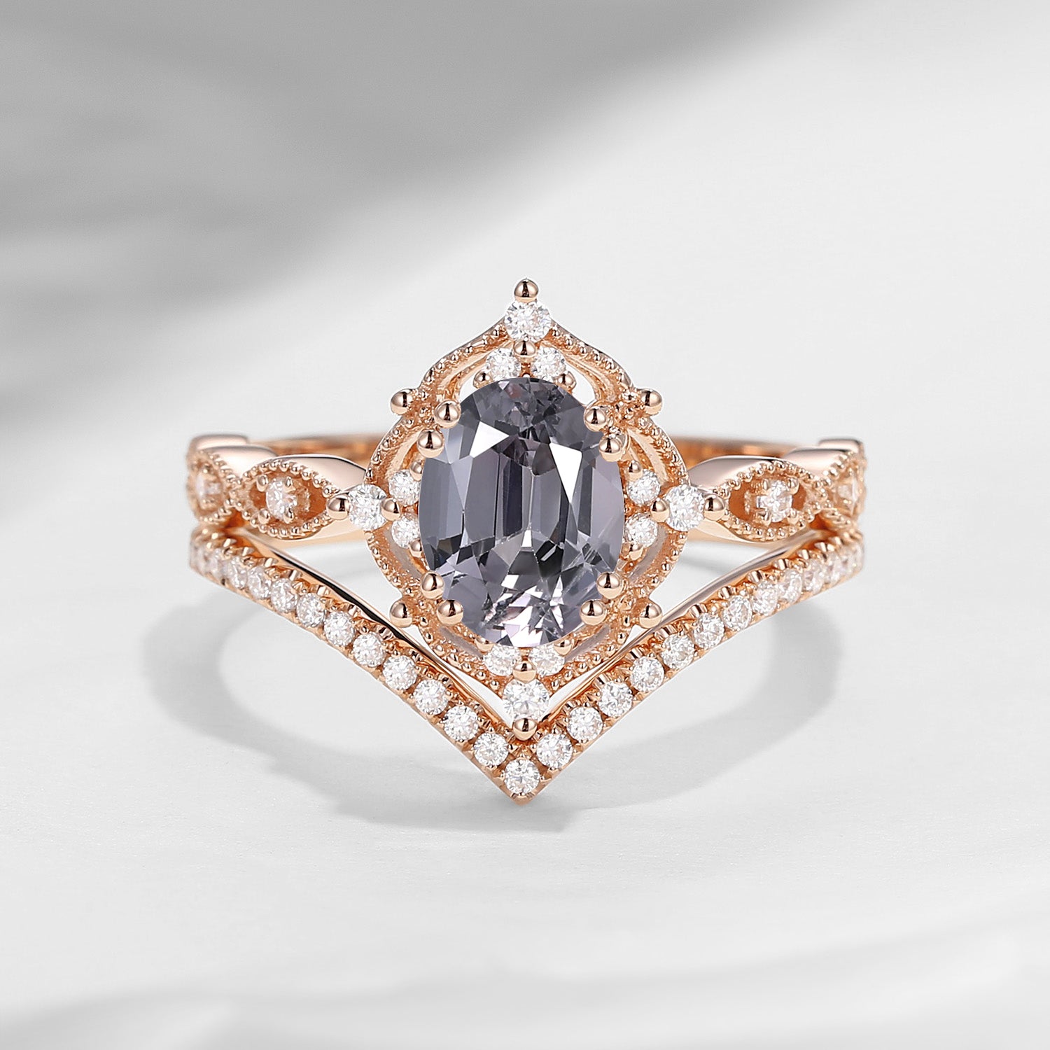 Classic Style Vintage Inspired Oval Cut Natural Spinel Engagement Ring Bridal Set 2pcs