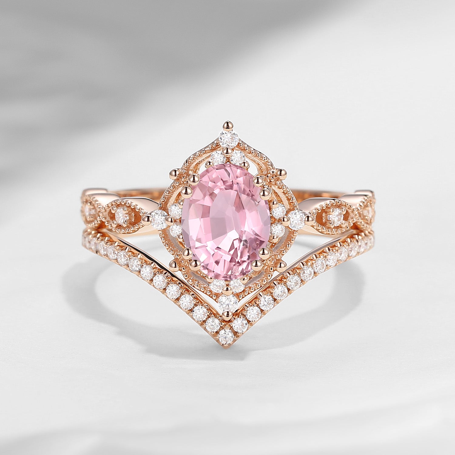 Oval Cut Vintage Inspired Natural Pink Tourmaline Engagement Bridal Set 2pcs