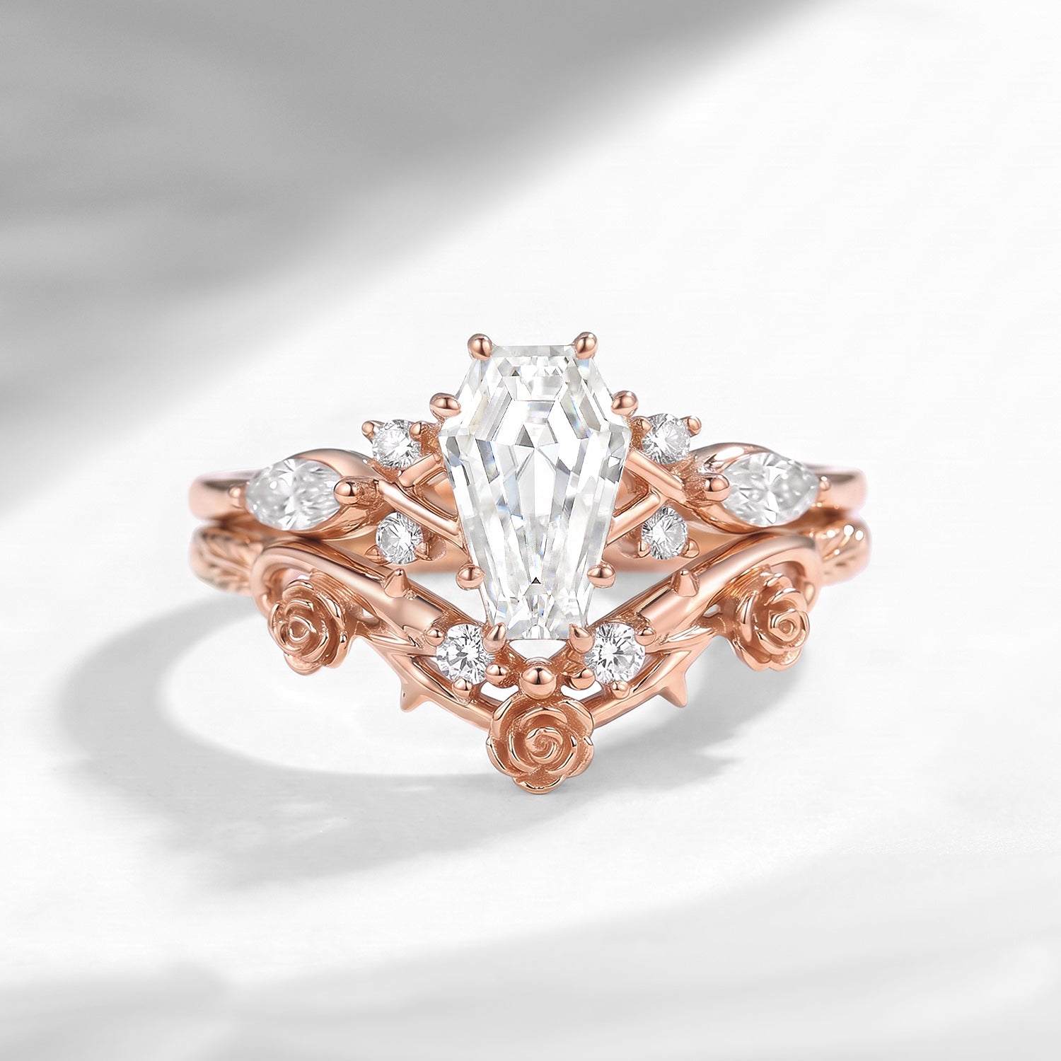 Thorns & Roses - Nature Inspired Coffin Cut Moissanite Flower Engagement Ring Set with Rose-inspired Band