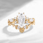 Thorns & Roses - Nature Inspired Coffin Cut Moissanite Twisted Engagement Ring Set with Hidden Rose Engraving