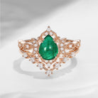 Crescent Moon | Pear Cut Natural Emerald Unique Galaxy Engagement Ring Set 2pcs