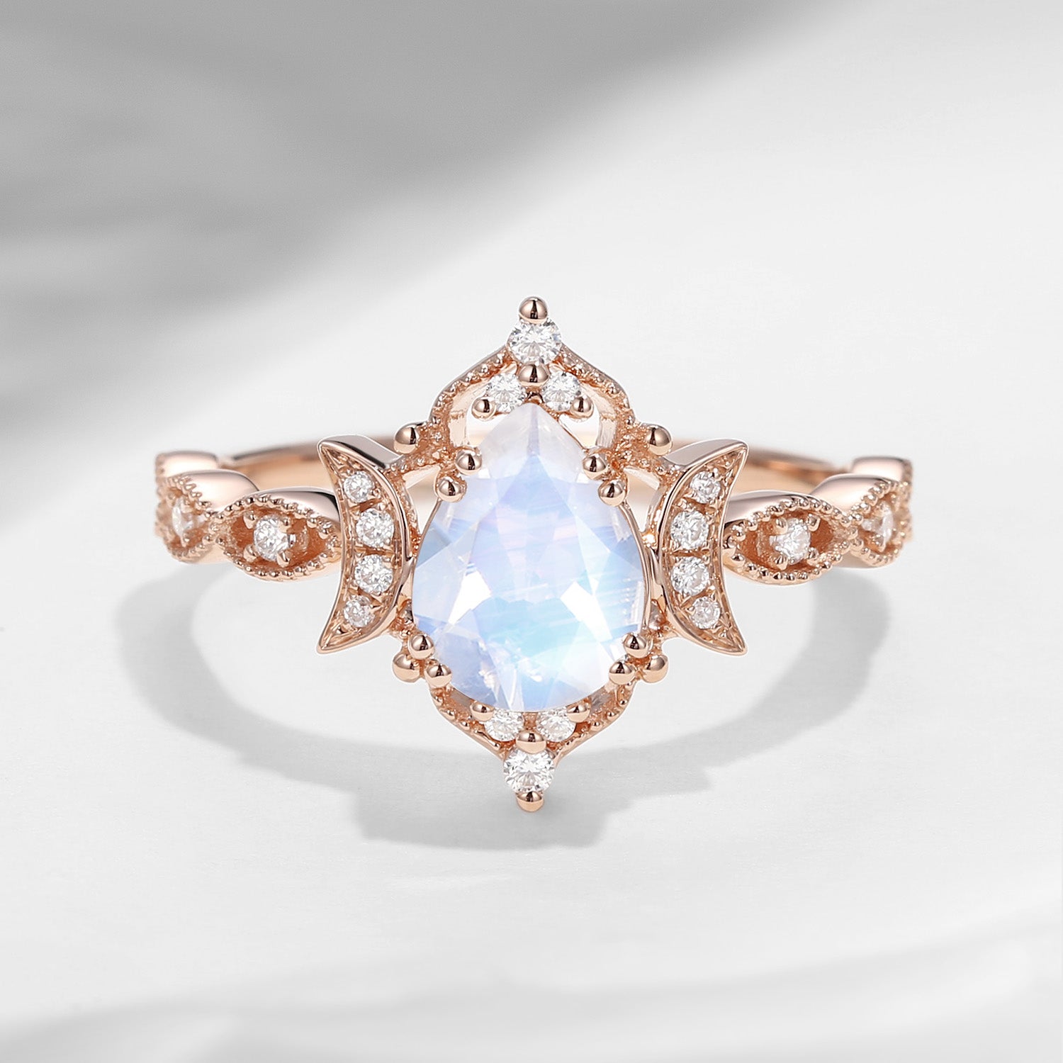 Crescent Moon | Unique Antique Pear Shaped Moonstone Engagement Ring Moon Ring