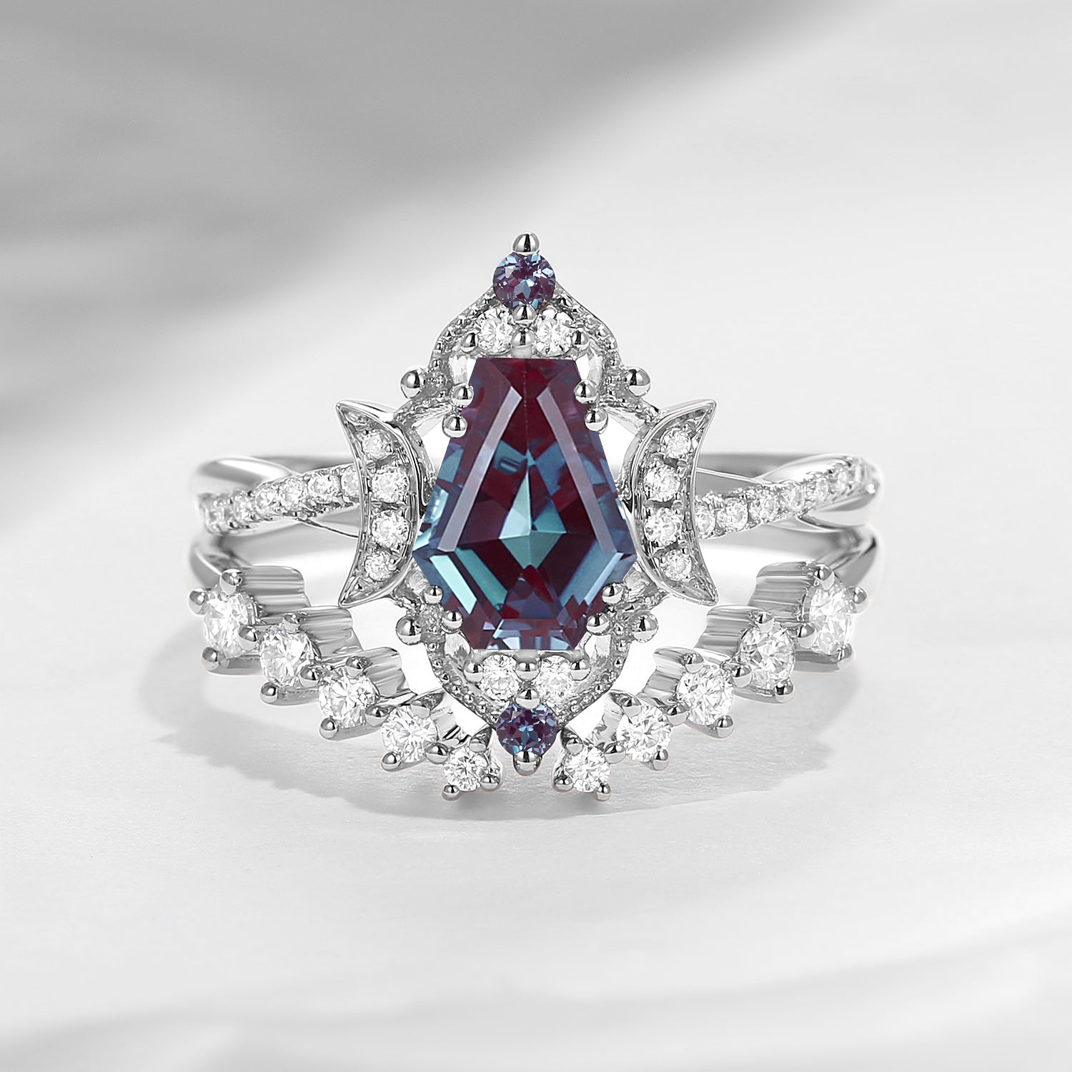 Crescent Moon | Coffin Cut Lab Alexandrite Twisted Infinity Open Engagement Ring 2pcs