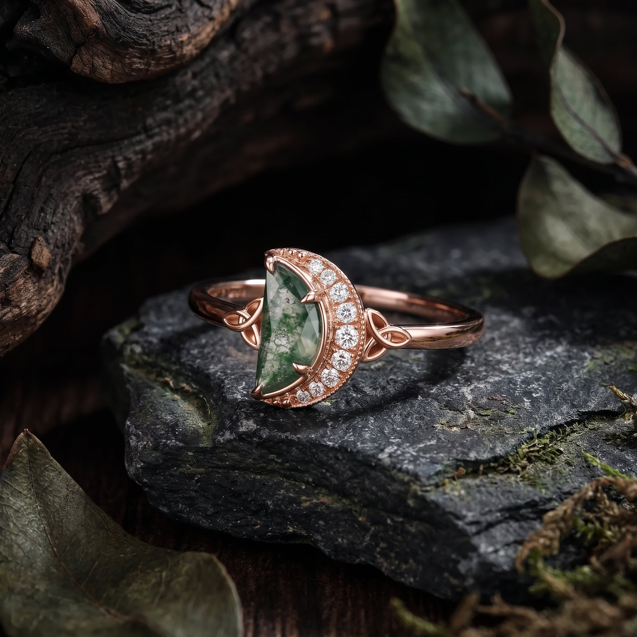 Celtic Moon - Moon Shaped Moss Agate Half Moon Celtic Engagement Ring