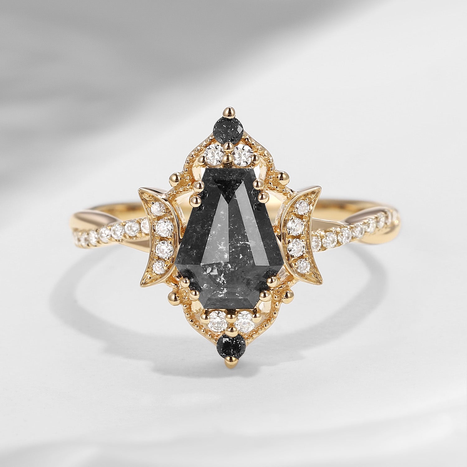 Crescent Moon | Coffin Cut Salt And Pepper Diamond Twisted Engagement Ring