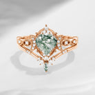 Crescent Moon | 18K Heart Shaped Moss Agate Engagement Ring Set 2pcs - Luna