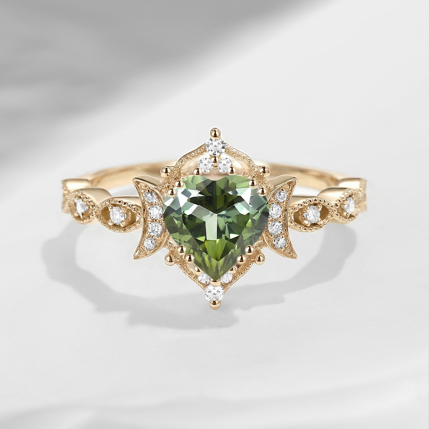 Crescent Moon | Unique Heart Shaped Natural Green Tourmaline Engagement Ring Moon Ring