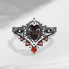 Crescent Moon | Heart Cut Black Rutilated Quartz & Garnet 'Black Statement' Ring Set 2pcs