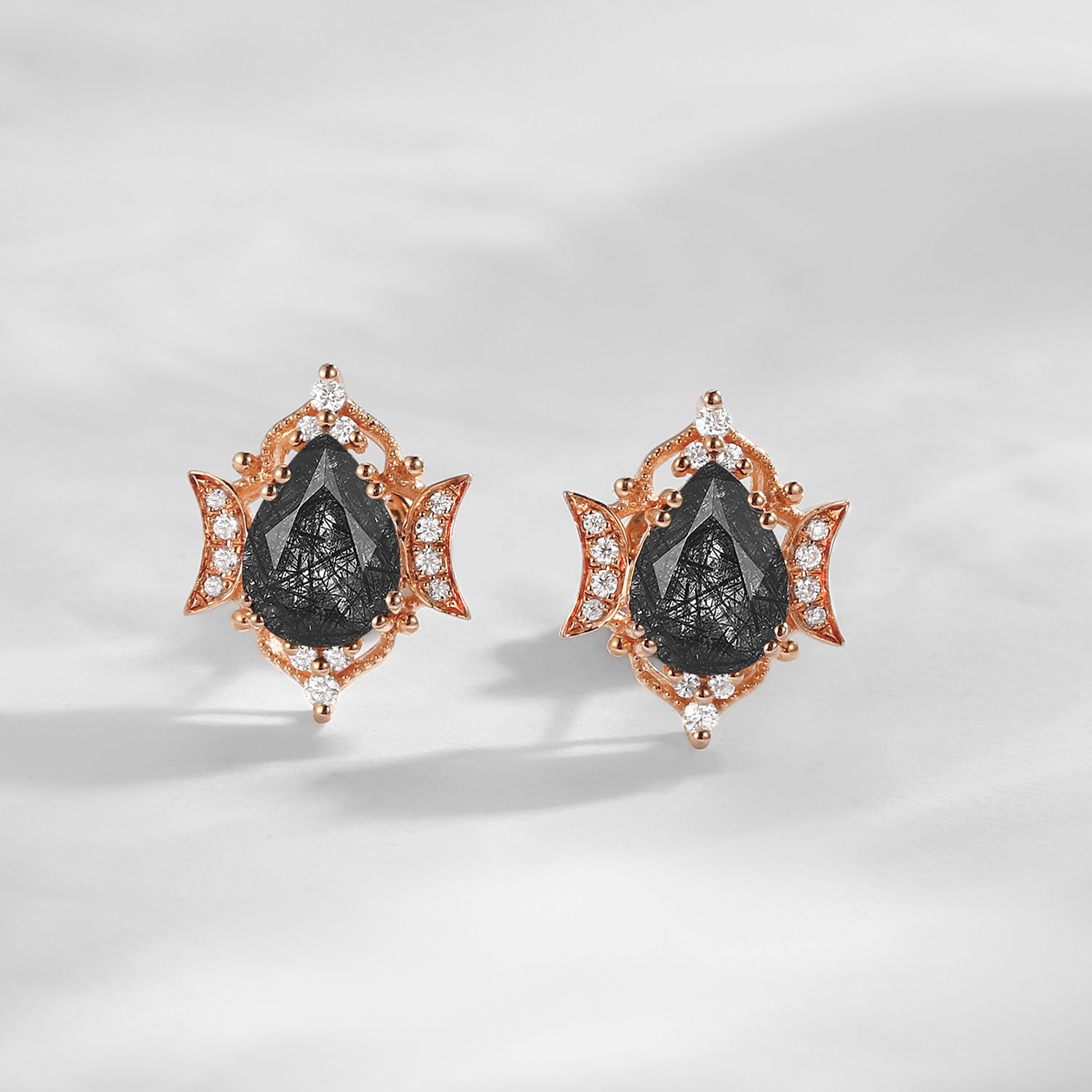 Crescent Moon Vintage Pear Cut Black Rutilated Quartz Earrings