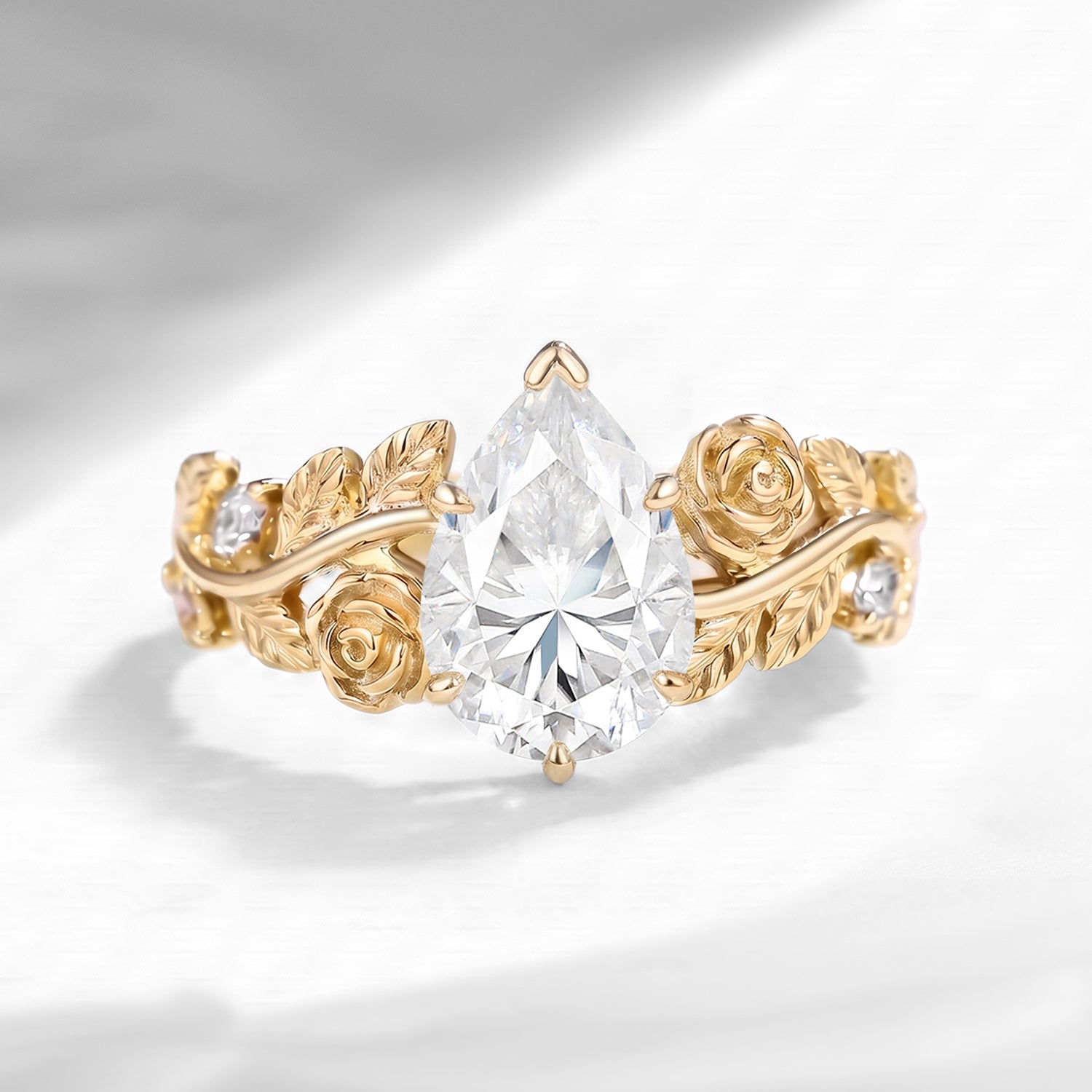 'Rien que la Rose' - Nature Inspired Pear Colorless Moissanite Romantic Rose Flower Engagement Ring with Leaf-inspired Band