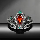 Gothic Coffin Garnet & Lab Emerald Garden Of Eden Black Gold Engagement Ring Set 2pcs- 'Thorns & Roses'