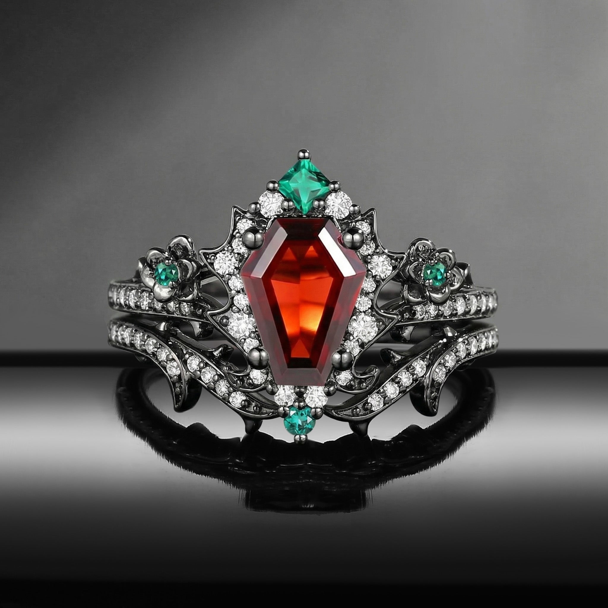 Gothic Coffin Garnet & Lab Emerald Garden Of Eden Black Gold Engagement Ring Set 2pcs- 'Thorns & Roses'