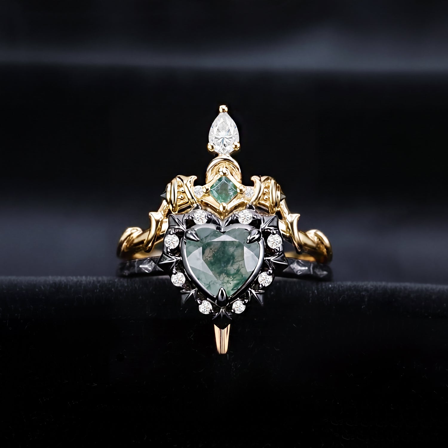 Unique Heart Shaped Moss Agate Sword Ring Alternative Bridal Set 2pcs - Cupid's Arrow