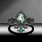 Gothic Inspired 'Dark Romance' Coffin Shaped Moss Agate Black Gold Engagement Ring Set 2pcs