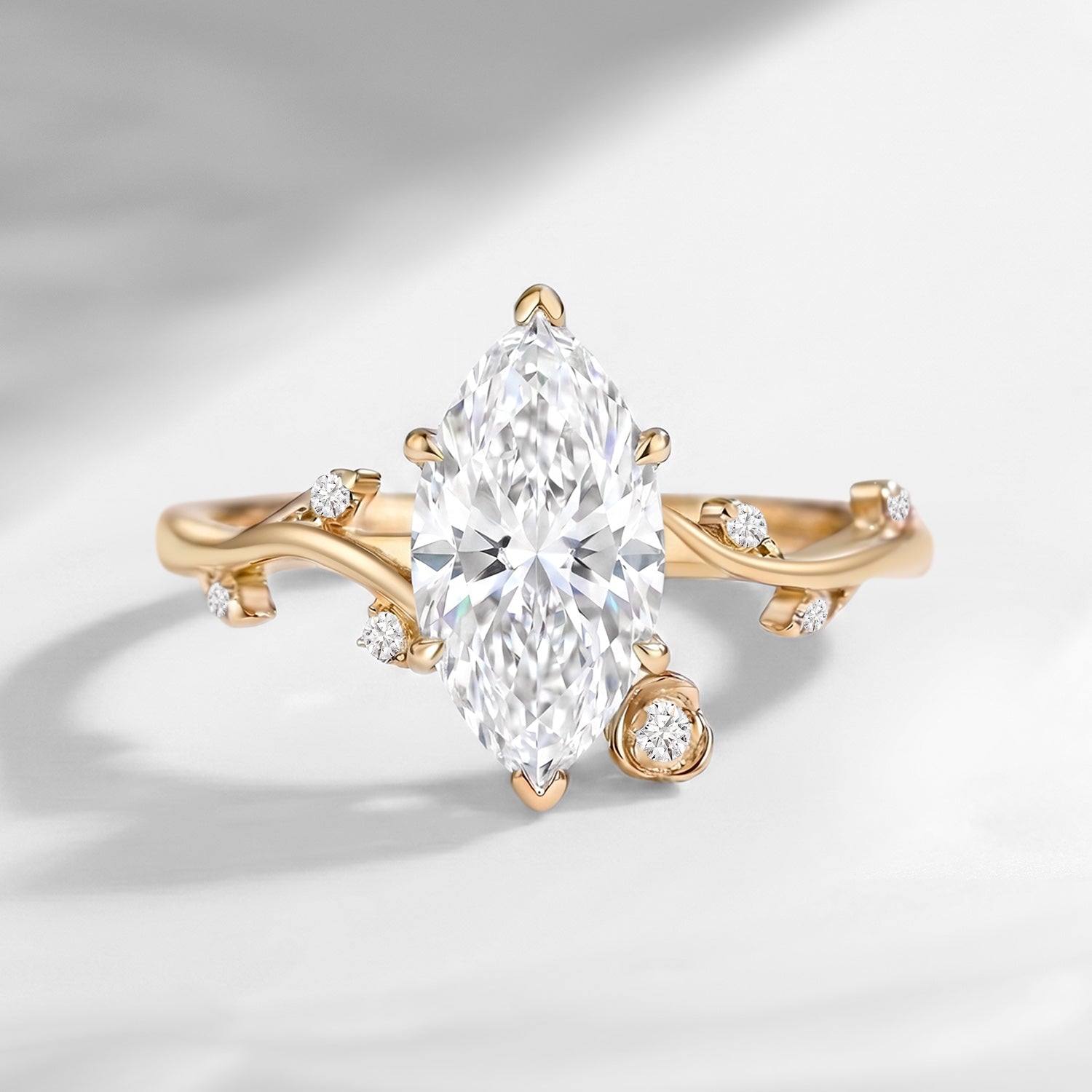 'Une Seule Fleur' - Nature Inspired Marquise Cut Moissanite Thorns & Roses Flower Engagement Ring with Twisted Thorn-inspired Band