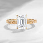 'Rose Éternelle' - Nature Inspired Emerald Cut Moissanite Thorns & Roses Flower Engagement Ring with Rose Carving Band