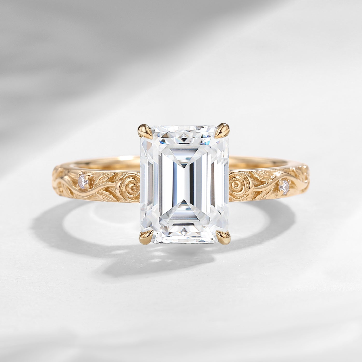 'Rose Éternelle' - Nature Inspired Emerald Cut Moissanite Thorns & Roses Flower Engagement Ring with Rose Carving Band