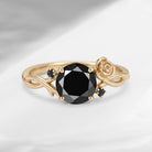 'Une Seule Fleur' - Nature Inspired Round Cut Black Moissanite Thorns & Roses Flower Engagement Ring with Twisted Vine-inspired Band