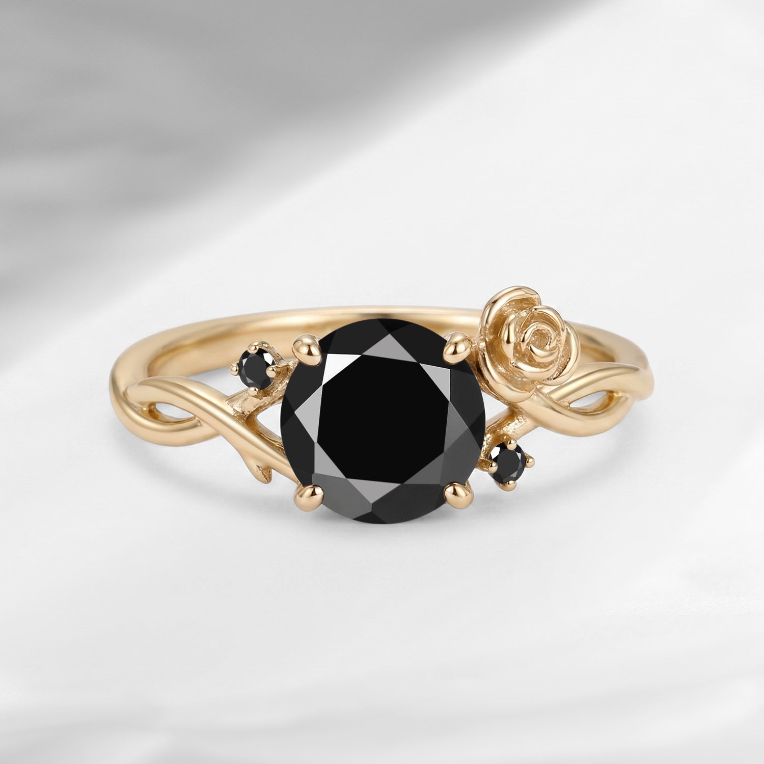 'Une Seule Fleur' - Nature Inspired Round Cut Black Moissanite Thorns & Roses Flower Engagement Ring with Twisted Vine-inspired Band
