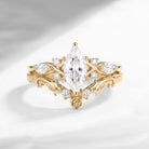 Thorns & Roses - Nature Inspired Marquise Cut Moissanite Twisted Engagement Ring Set with Leaf Engraving Band