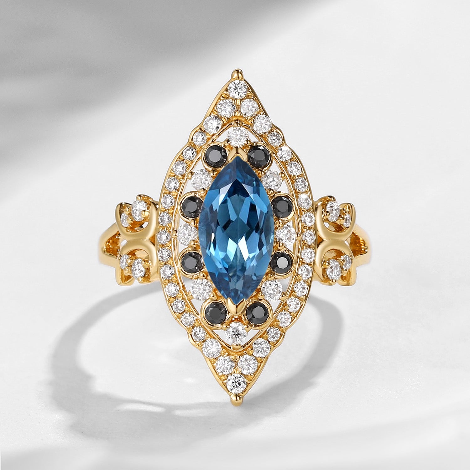 Maximalist Style Vintage Inspired Marquise Cut London Blue Topaz Engagement Ring