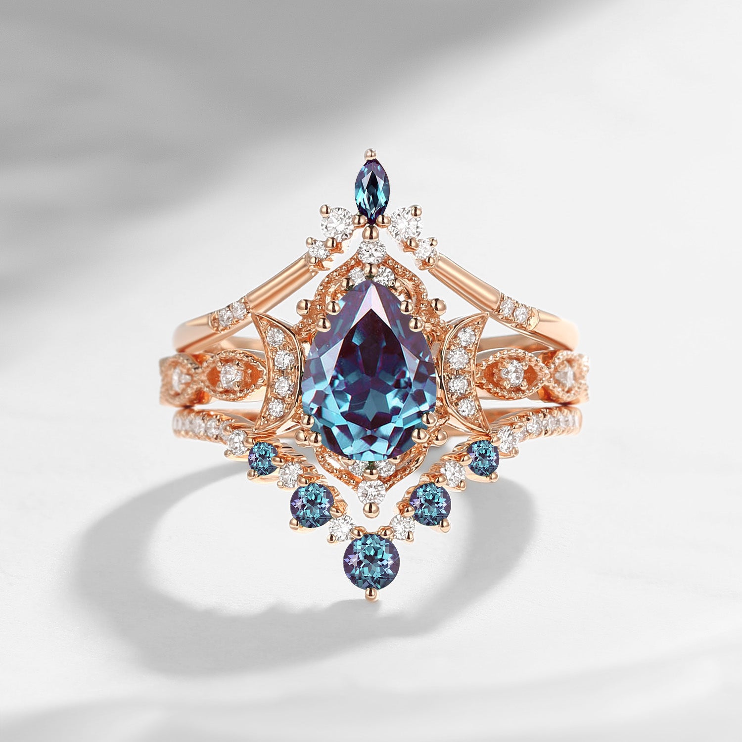 Crescent Moon | Vintage Style Pear Cut Lab Alexandrite Ring Set 3pcs