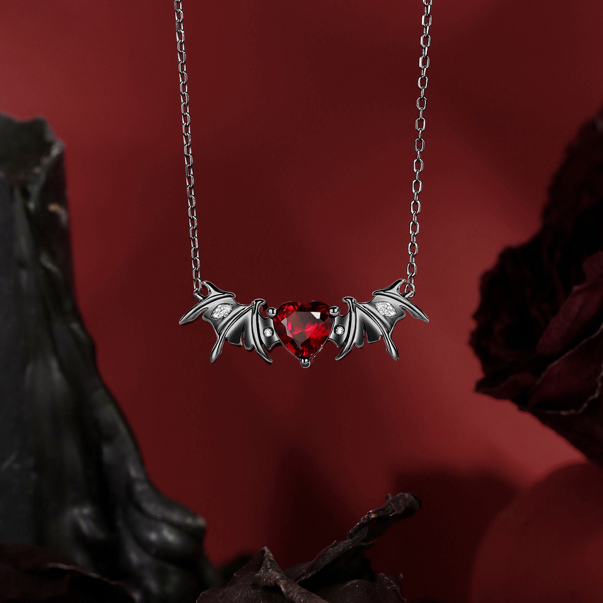 Bat Wing Garnet Heart Cut Necklace - Fly To Love