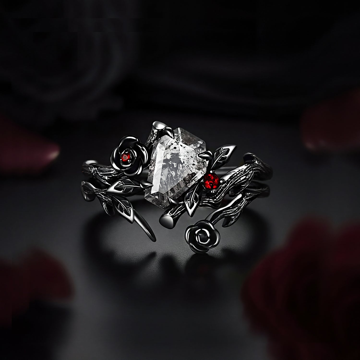 Gothic Style Coffin Cut Herkimer Diamond Nature Inspired 'Thorns & Roses' Engagement Ring Bridal Set 2pcs