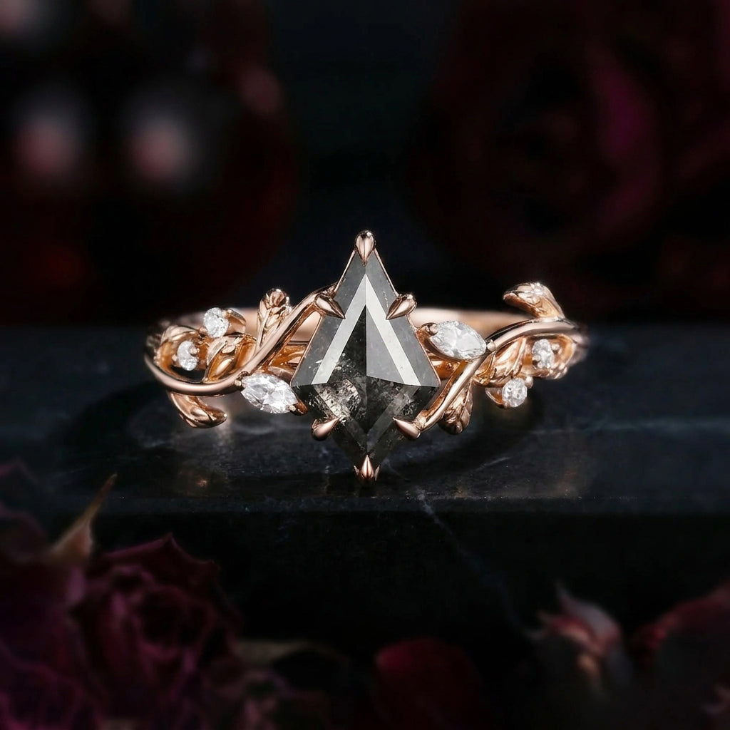 Garden of Eden Nature Inspired Leaf And Vine Kite Salt & Pepper Diamond Engagement Ring