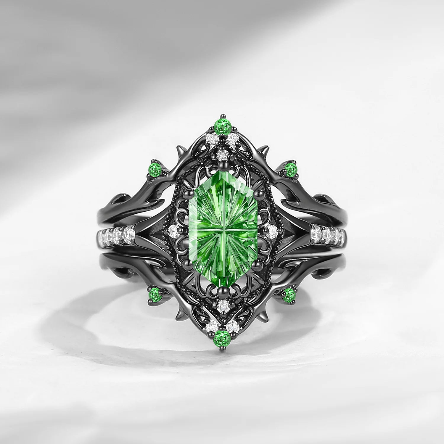 Fallen Aegis - Gothic Fantasy Cut Long Hexagon Lab Tsavorite Shield Engagement Ring Set with Thorn-inspired Band