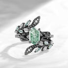 Serpent's Embrace - Fantasy Cut Long Hexagon Lab Green Sapphire Snake Twist Cage Ring Set with Split Shank